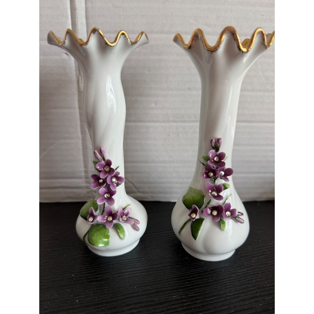 Vintage Lefton China 138 Bud Vase Pair Applied Purple Flowers Rhinestones Gold